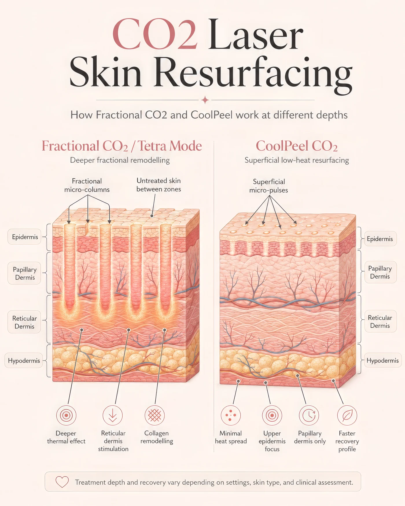 Side-by-side cross-section diagram comparing fractional CO2 laser micro-columns reaching the lower dermis with CoolPeel superficial micro-pulses confined to the epidermis and upper dermis