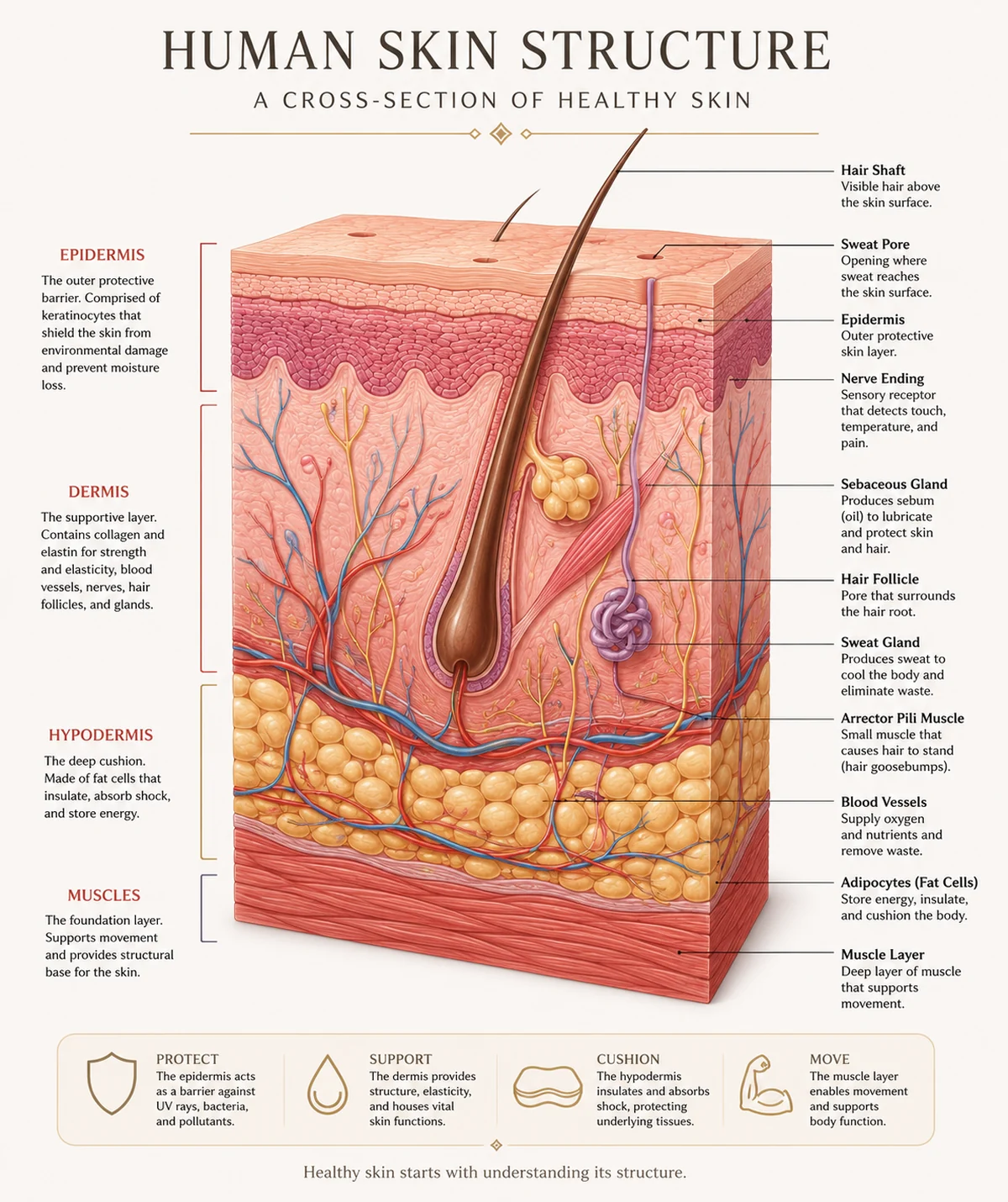 Cross-section diagram of human skin showing the epidermis, dermis, hypodermis and muscle layer, with hair follicle, sebaceous gland, sweat gland, blood vessels and nerve endings labelled