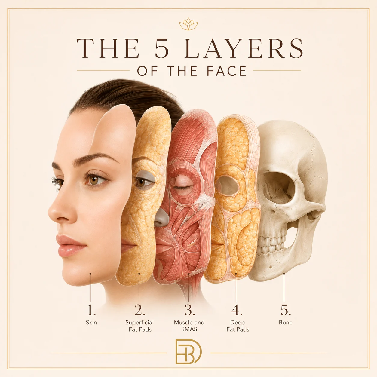 Anatomical diagram showing the five layers of the face in cross-section: skin, superficial fat pads, muscle and SMAS, deep fat pads and bone