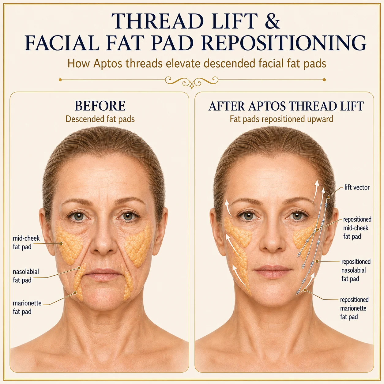 Diagram comparing descended mid-cheek, nasolabial and marionette fat pads before treatment with the same pads repositioned upward along thread lift vectors afterwards