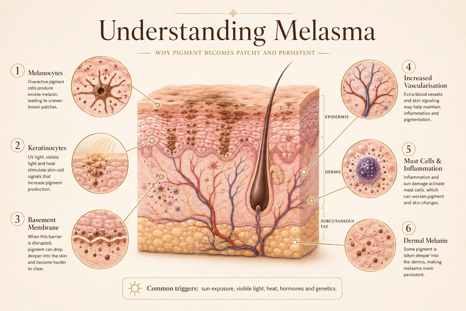 Cross-section diagram of skin affected by melasma with six labelled details: overactive pigment cells, skin-cell signalling from light and heat, a disrupted basement membrane, increased blood vessels, mast cells and inflammation, and pigment sitting deeper in the dermis