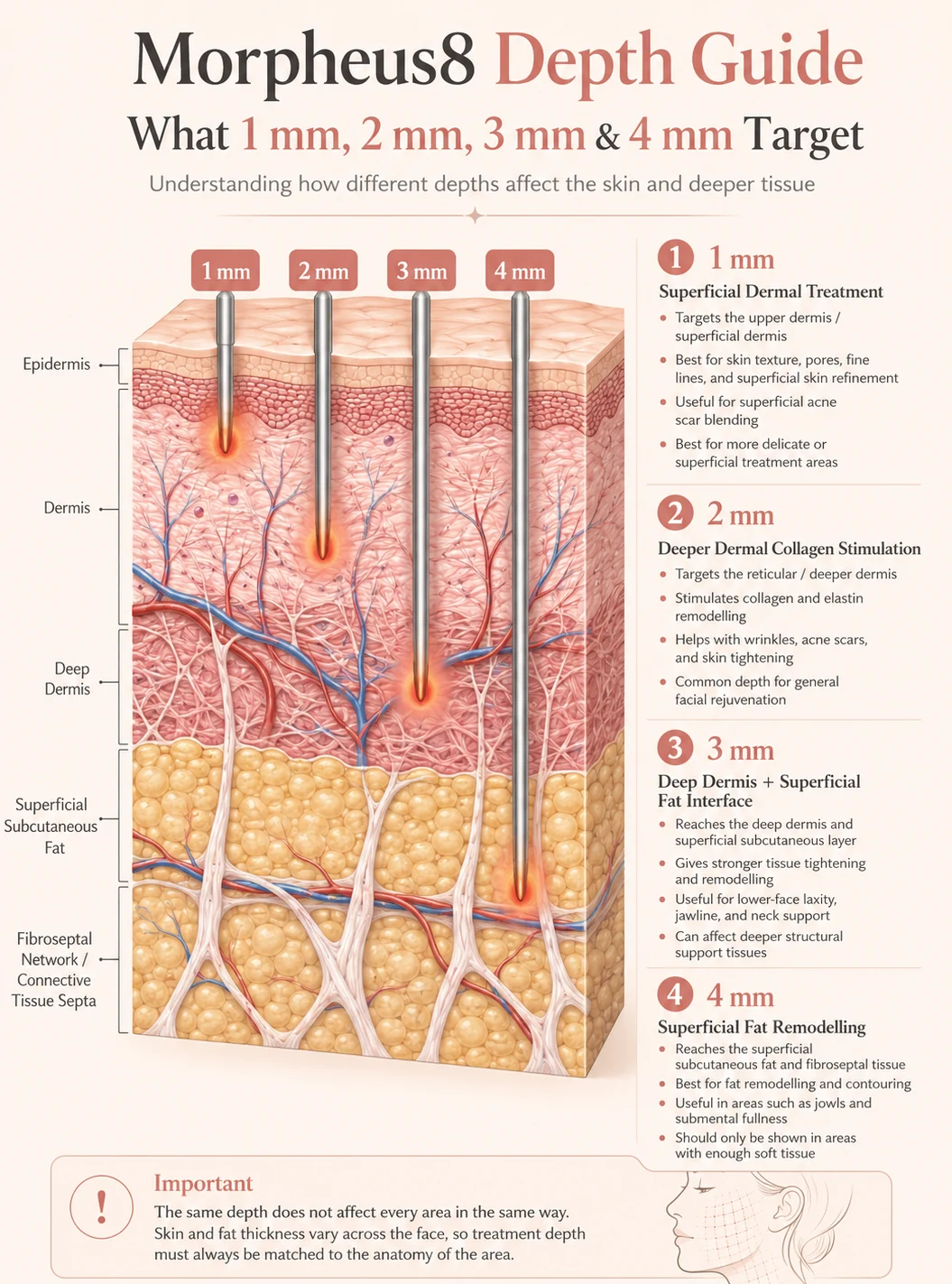 Morpheus8 depth guide diagram showing a cross-section of skin and what the 1mm, 2mm, 3mm and 4mm settings reach, from the upper dermis down to the superficial fat and fibrous network