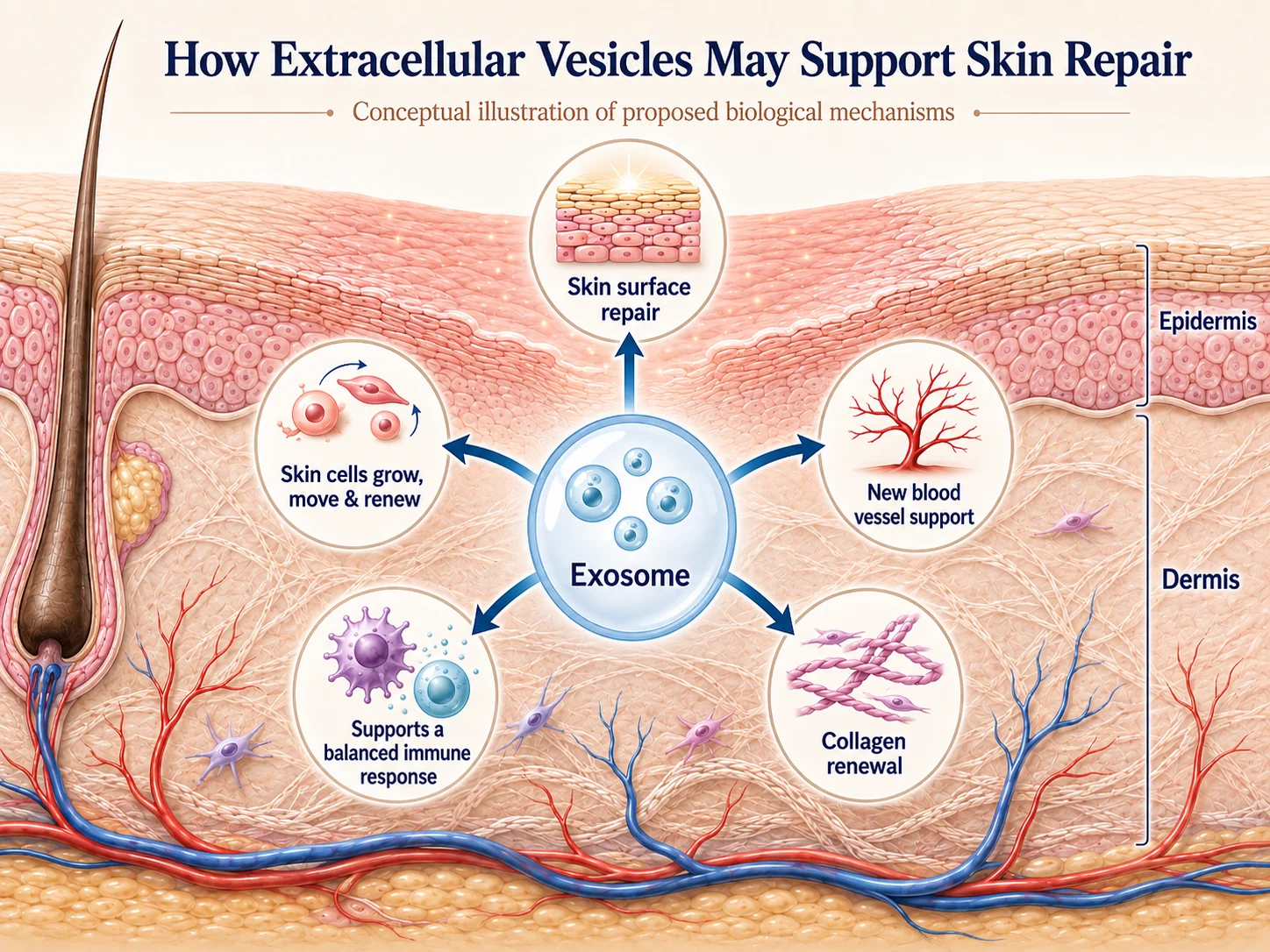 Diagram of a cross-section of skin showing an exosome and the repair processes it is thought to influence, including cell renewal, blood vessel support and collagen renewal