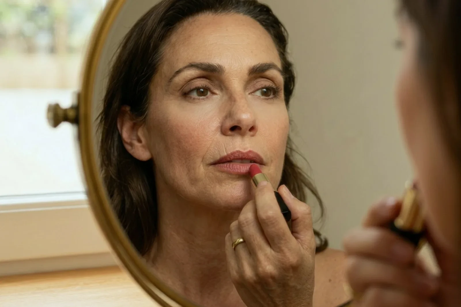 Woman applying lipstick at brass mirror, fine lip lines visible, Body Dezign House Newstead Brisbane