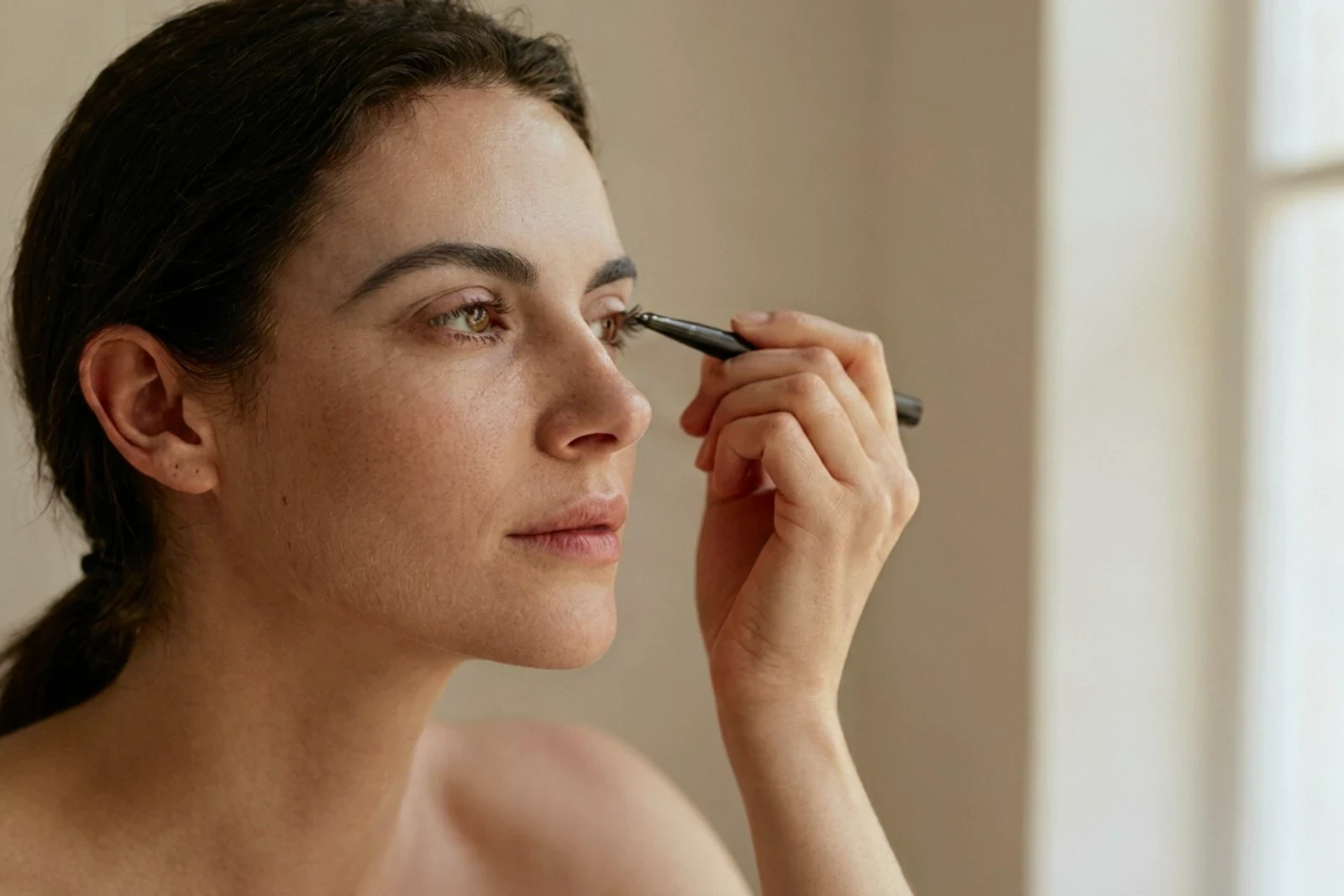 Woman with a flat, low-set brow applying eyeliner at Body Dezign House, Newstead Brisbane
