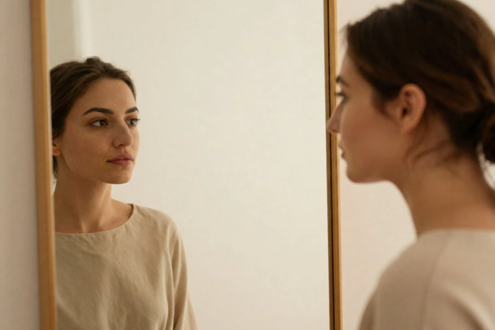 Woman looking at her nose and side profile in a mirror at Body Dezign House, Newstead, Brisbane