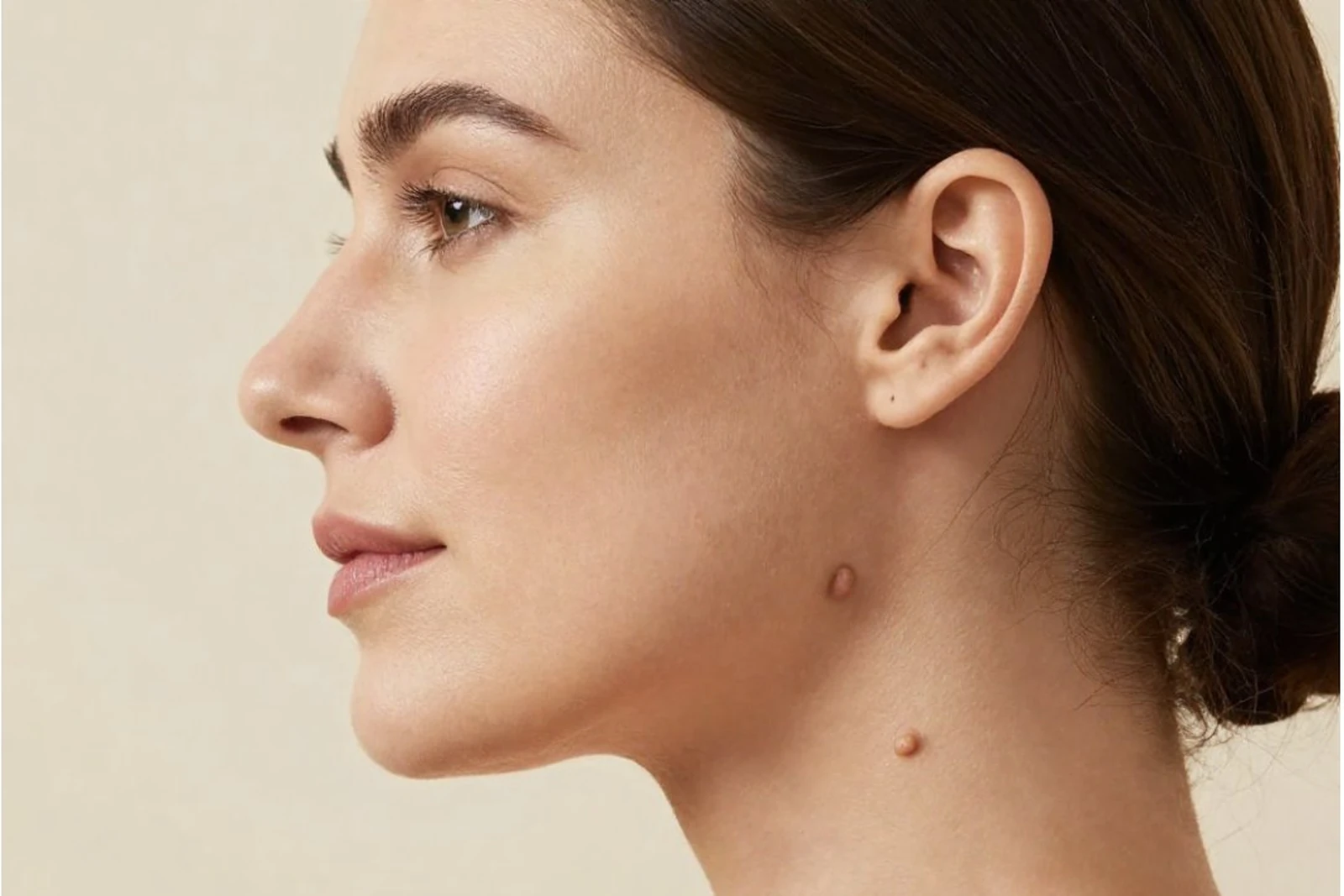 Side profile of a woman's neck showing small skin tags, Body Dezign House Newstead, Brisbane