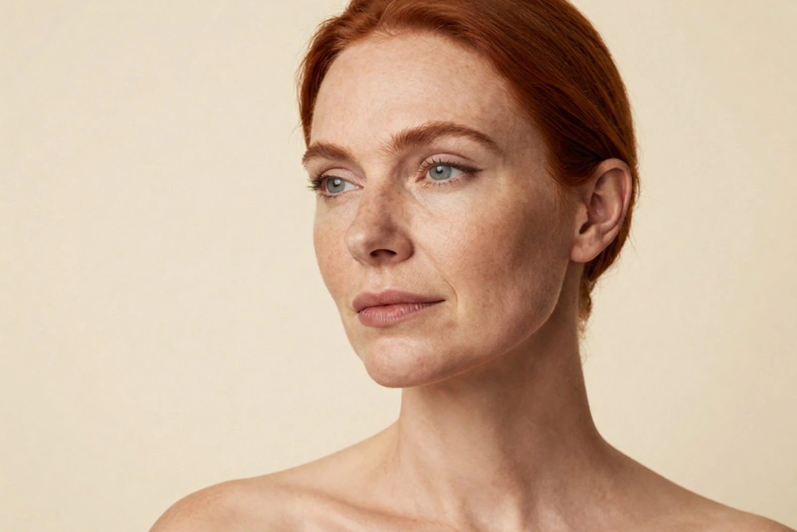 Woman with red hair and light freckles at rest, smile lines and nasolabial folds visible, at Body Dezign House in Newstead, Brisbane