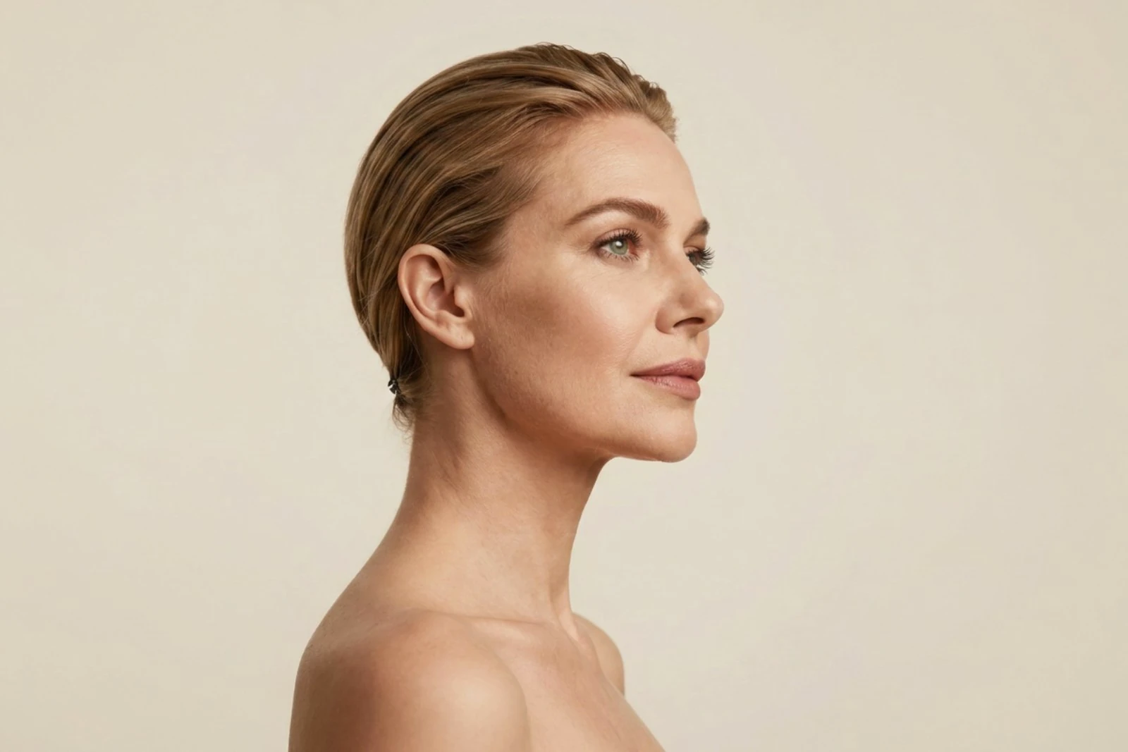 Side profile of a woman showing the face, jawline and neck, the areas Ultherapy treats, at Body Dezign House in Newstead, Brisbane